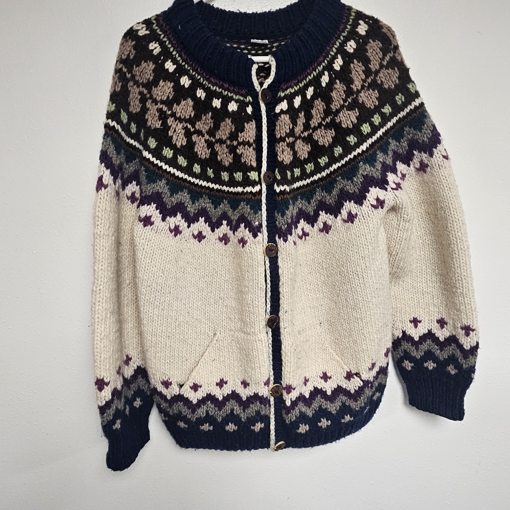 VTG Hand Knit Pure Wool Super Chunky Cardigan Sweater Size XL